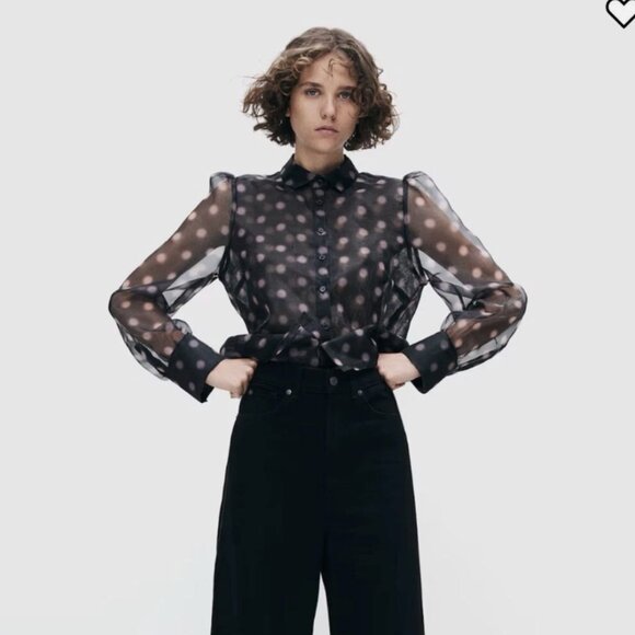 EUC H&M Studio Black Pink Organza Polka Dot Blouse with Puffed sleeves - Picture 3 of 12